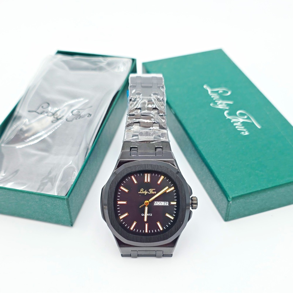 Lucky Fours Quartz Day/Date Analog Black Dial Black Metal Bracelet Watch w/ Box